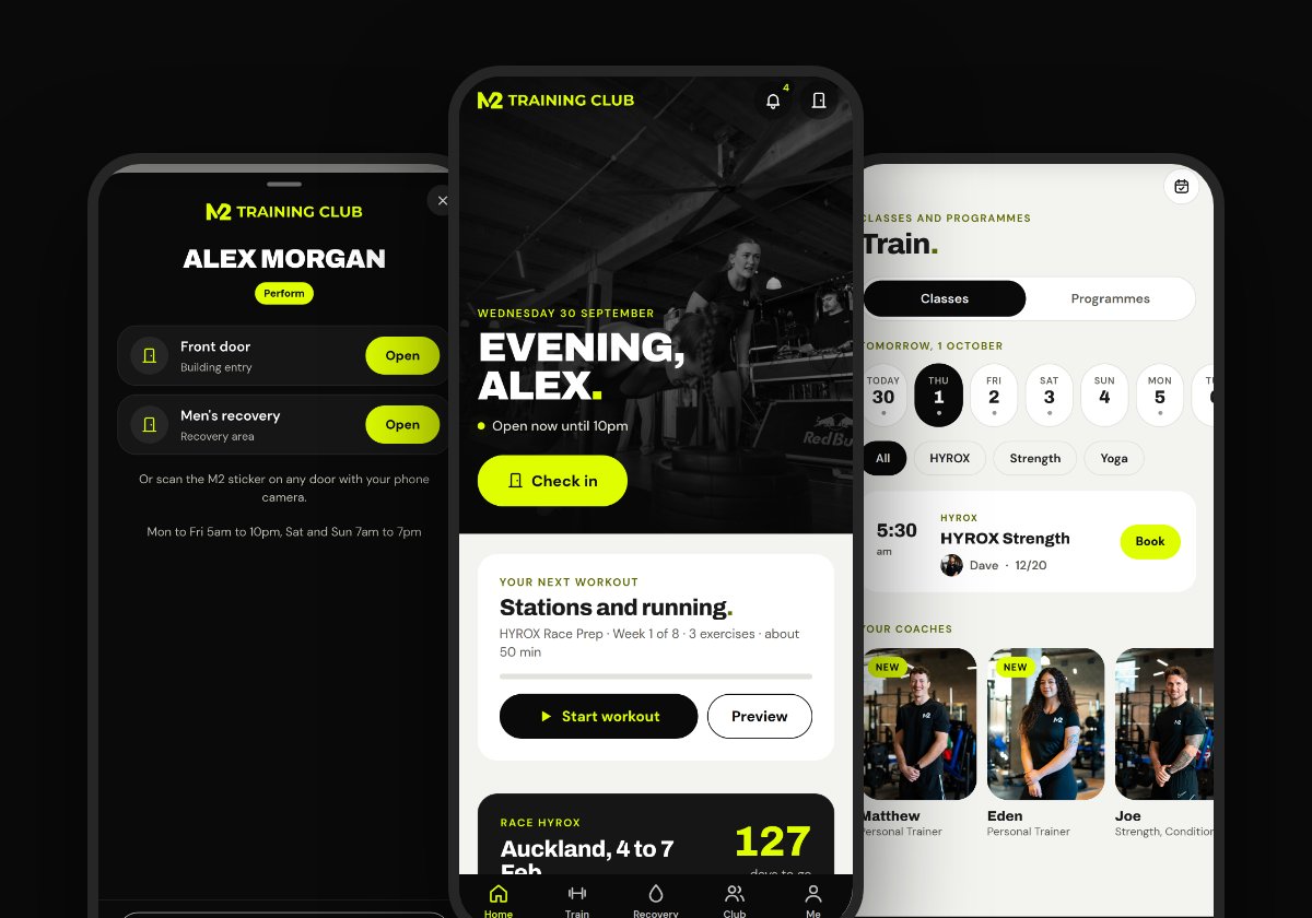 The M2 Training Club app showing door entry, the home screen and class bookings