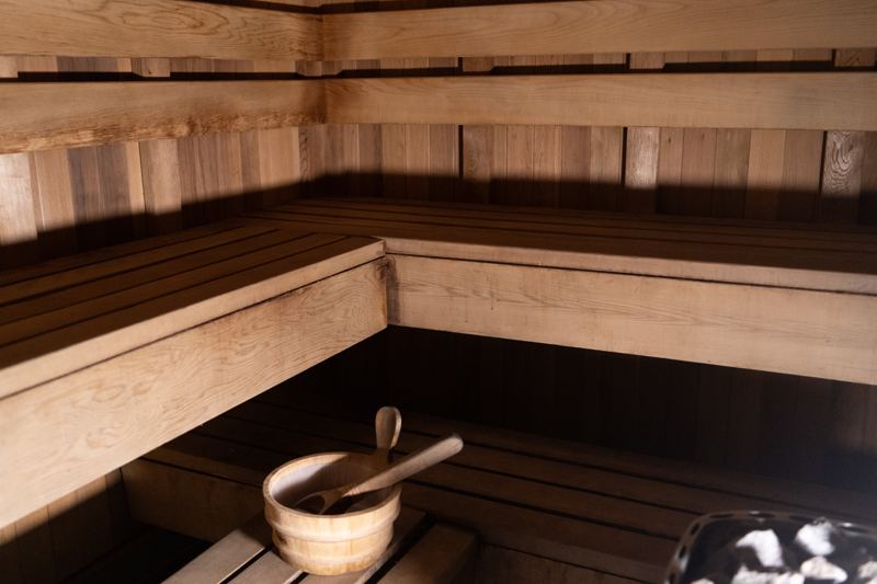 Wooden benches inside the M2 sauna